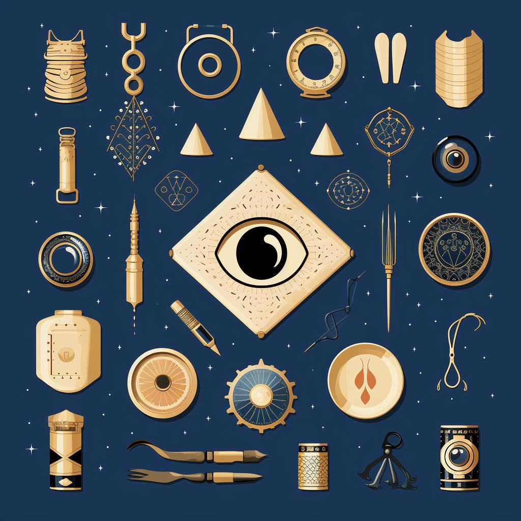 A flatlay of materials needed to create an evil eye amulet.