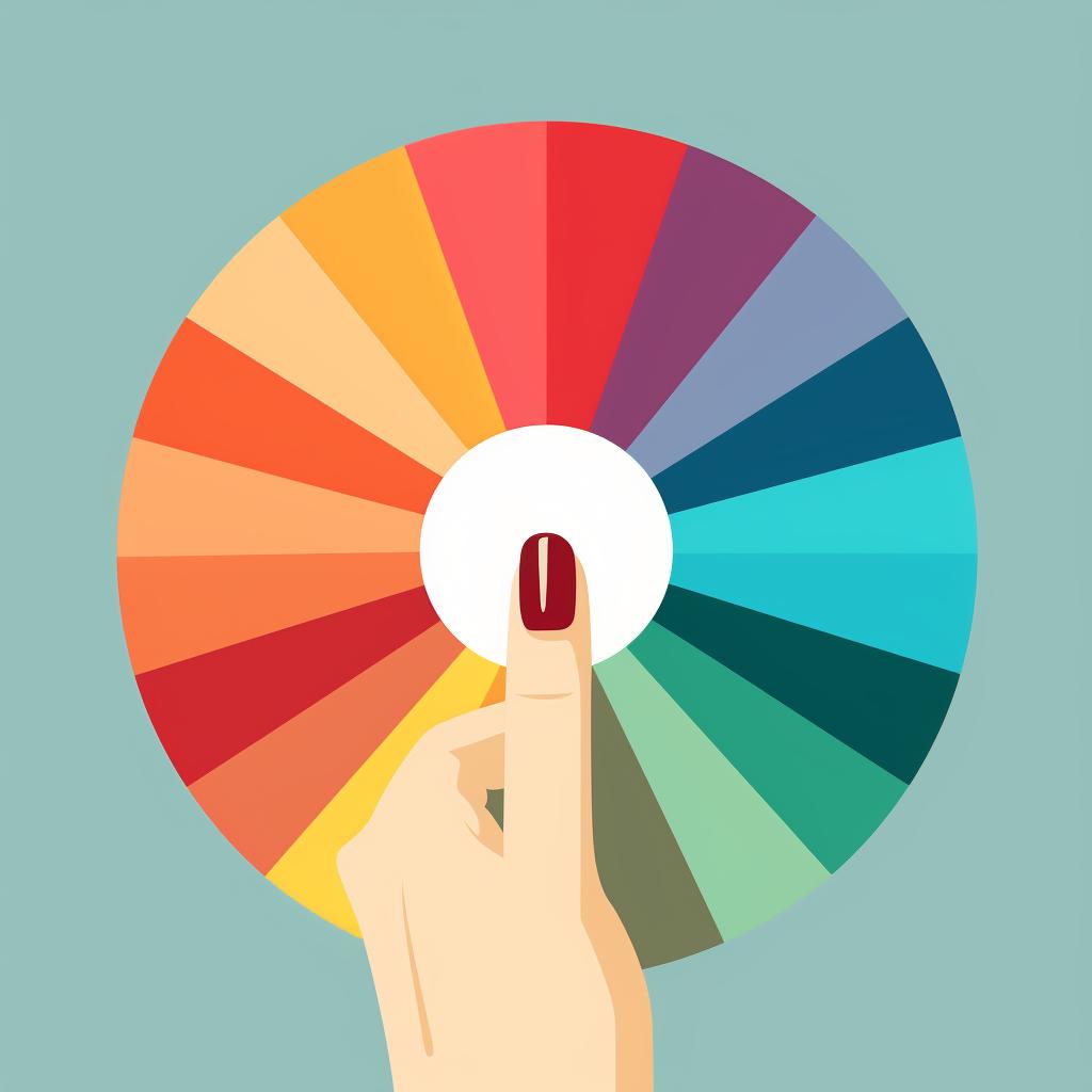 A hand pointing at different colors on a color wheel.