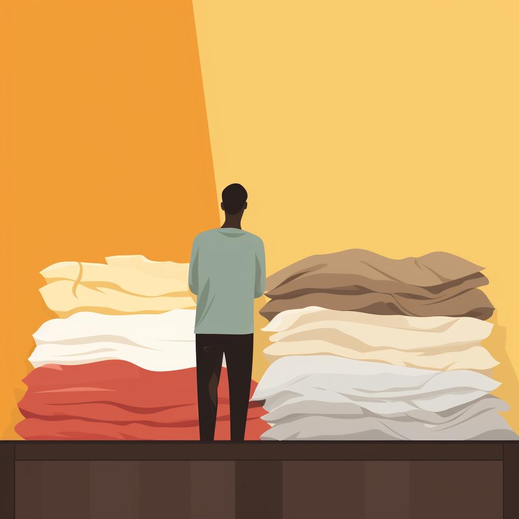 A person looking at different colored bed sheets, contemplating their personal preferences.