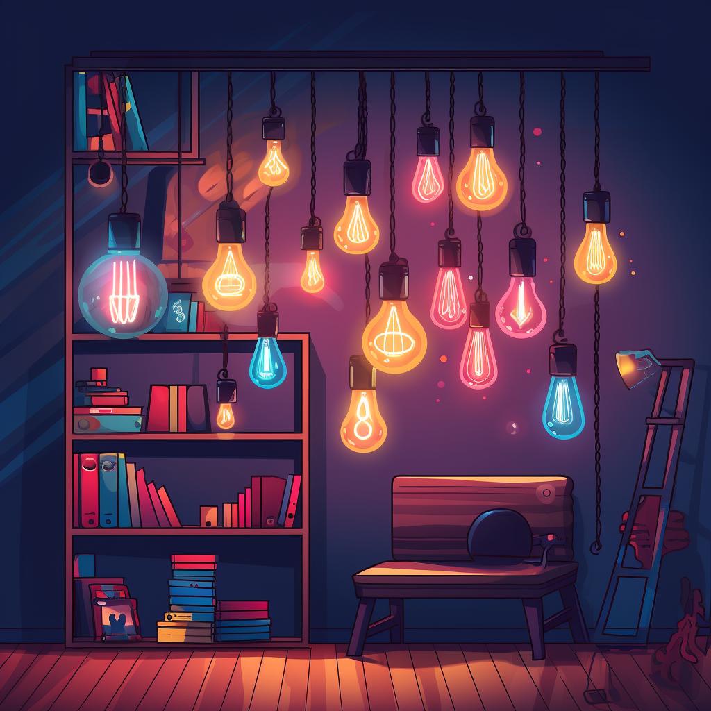A room illuminated with colored light bulbs.