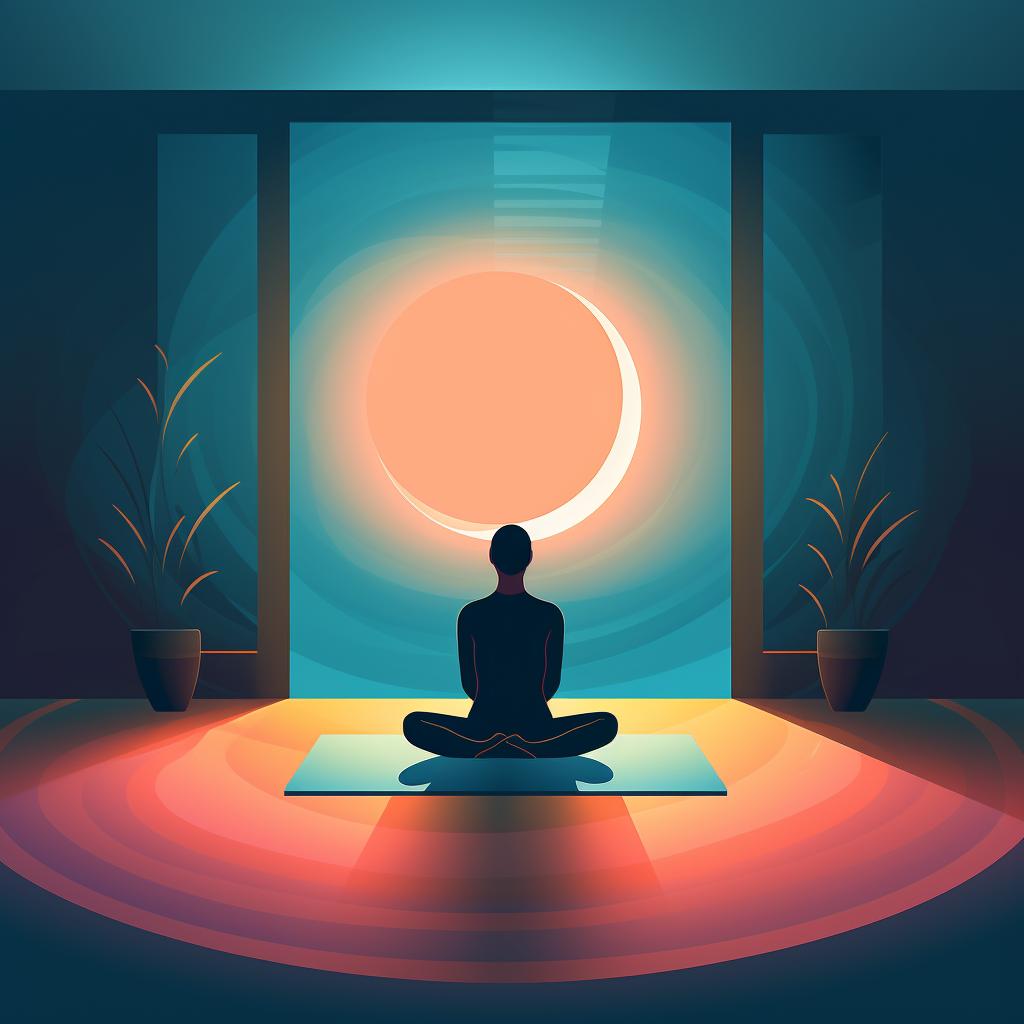 A person meditating in a room bathed in colored light.
