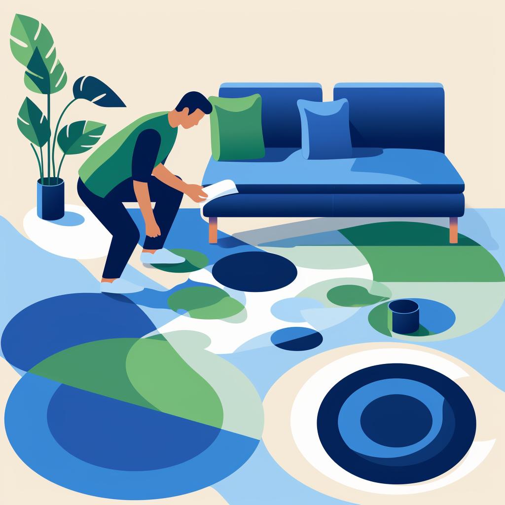 A person placing blue cushions and a green rug in their living room.